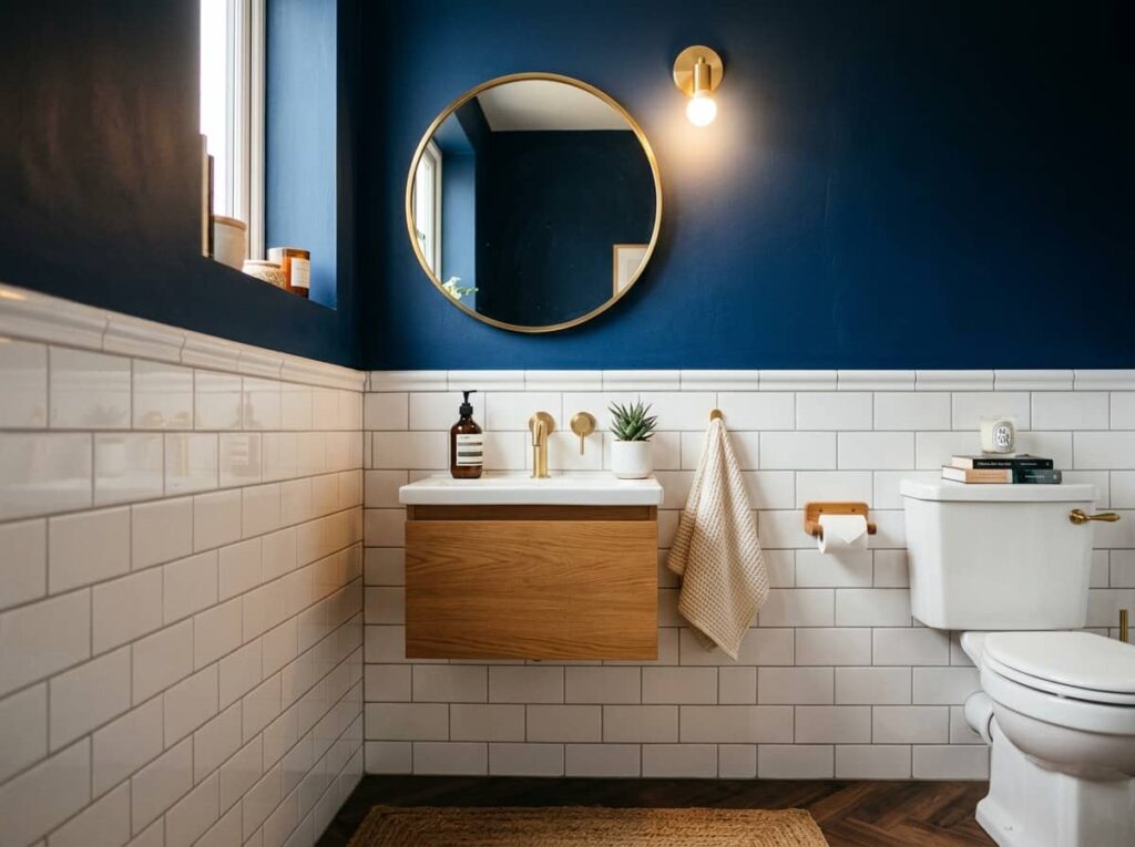 Half Wall Tile Paired With a Bold Paint Color Above