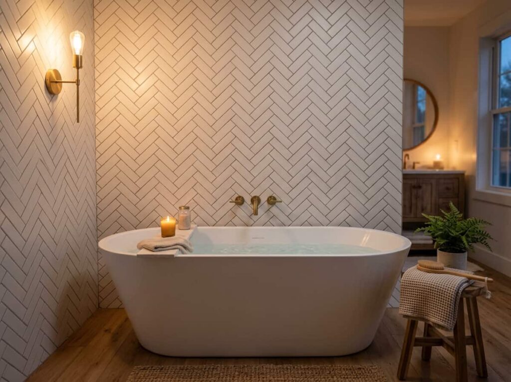 Herringbone accent wall behind a freestanding tub