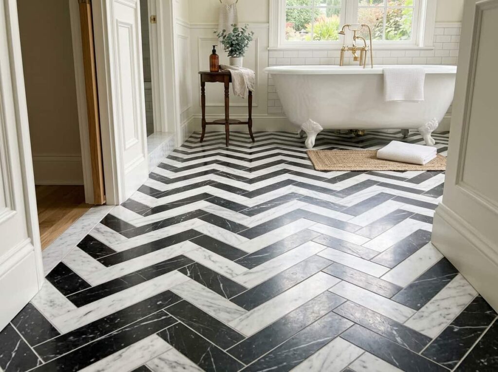 Black and white marble herringbone floor