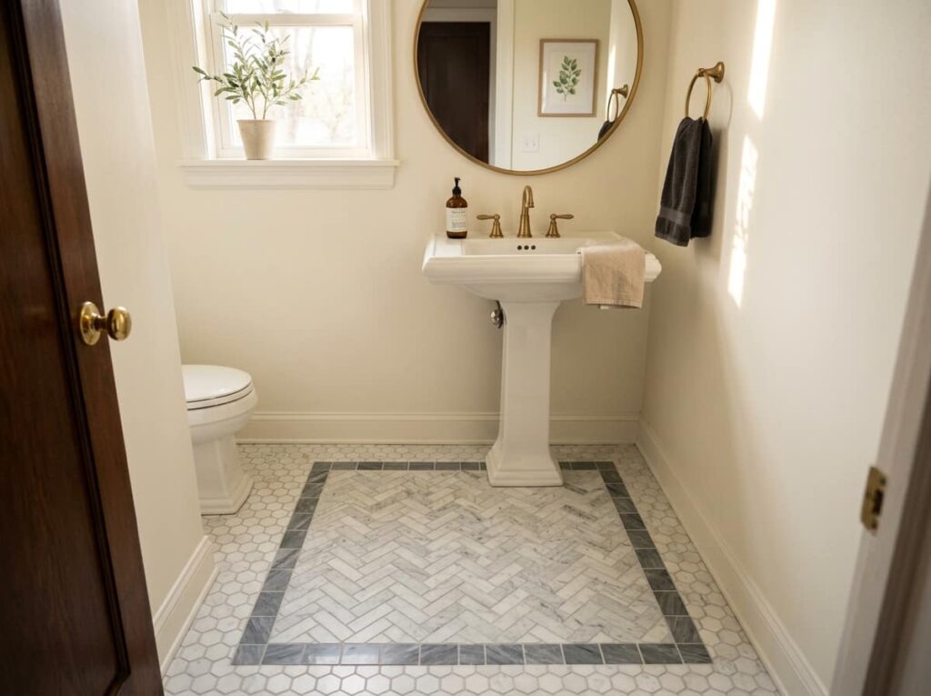 Herringbone rug panel in a powder room