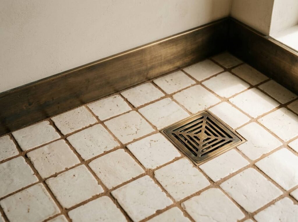 Dusty Cream Walls with Warm Brown Grout and Bronze