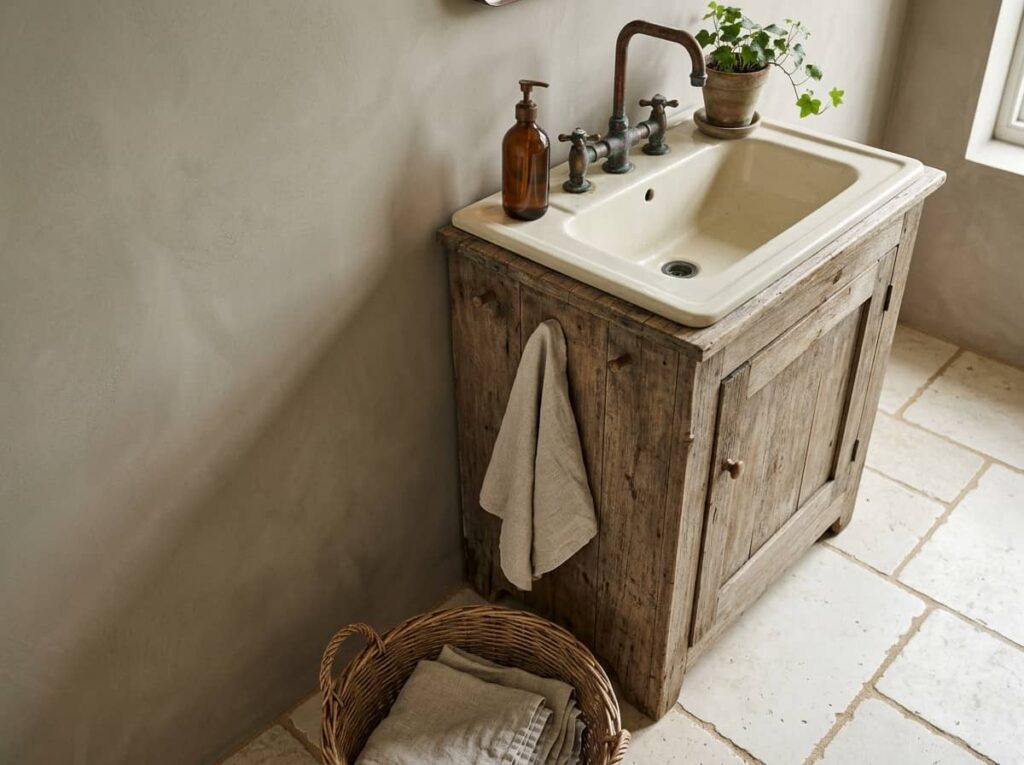 Warm Putty Walls with Ivory Tile and Copper Fixtures