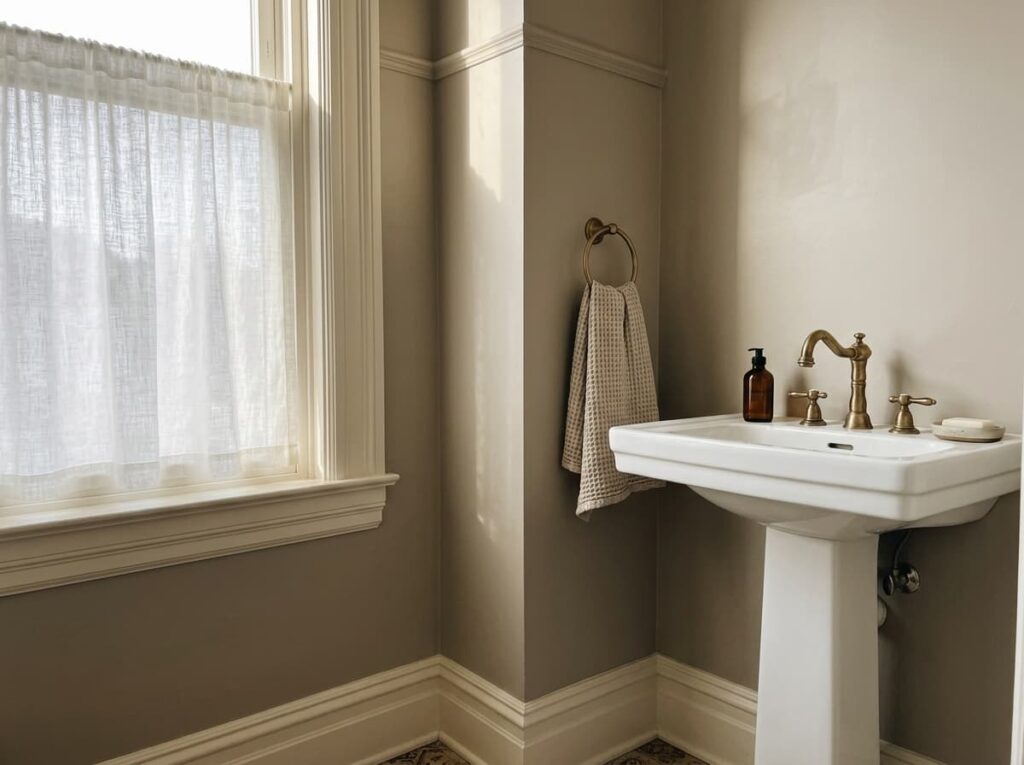 Greige Walls with Warm White Trim and Brass Hardware