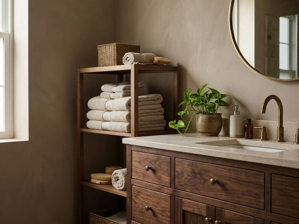 Warm Taupe and Oatmeal with a Walnut Vanity