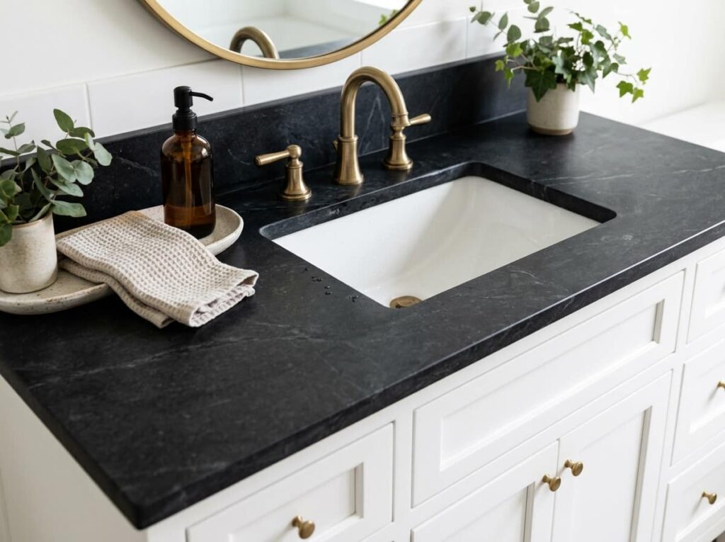 Black Countertop Under White Cabinets