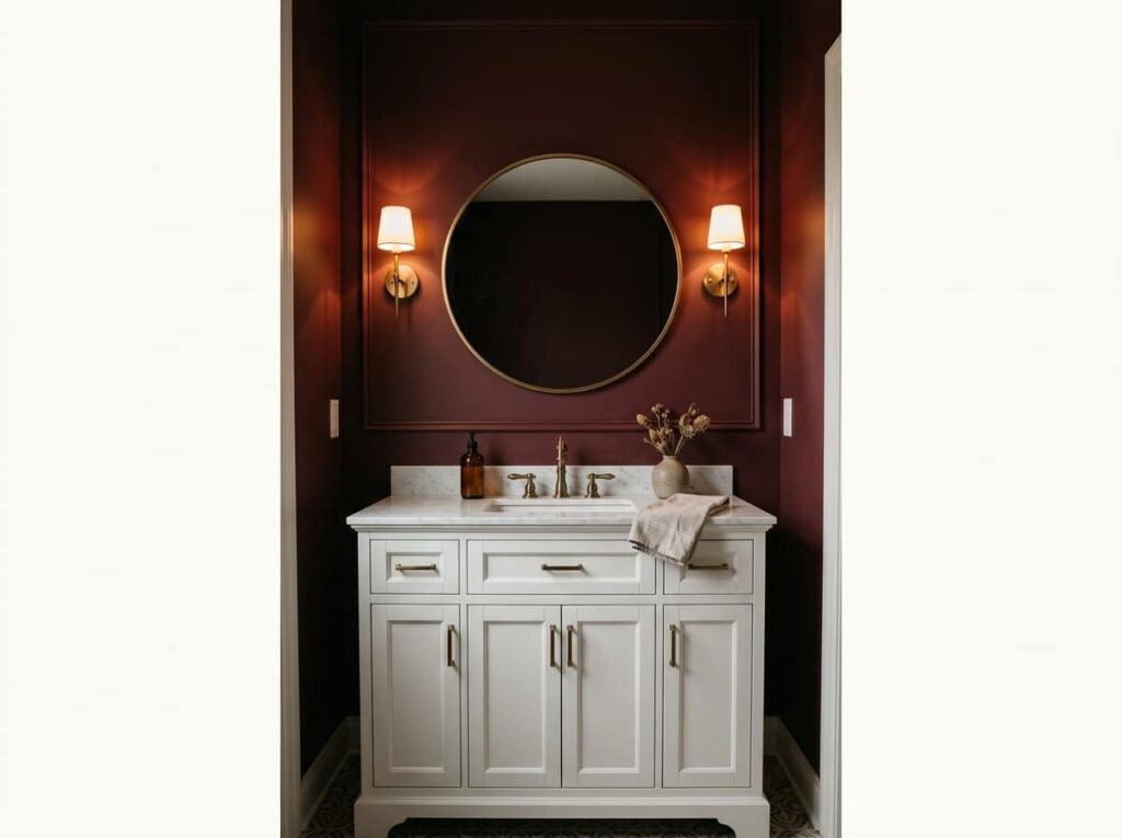 A Burgundy Accent Wall Behind the Vanity