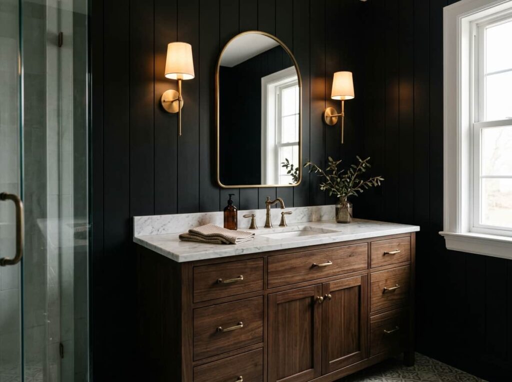  Espresso Vanity Against Black Walls