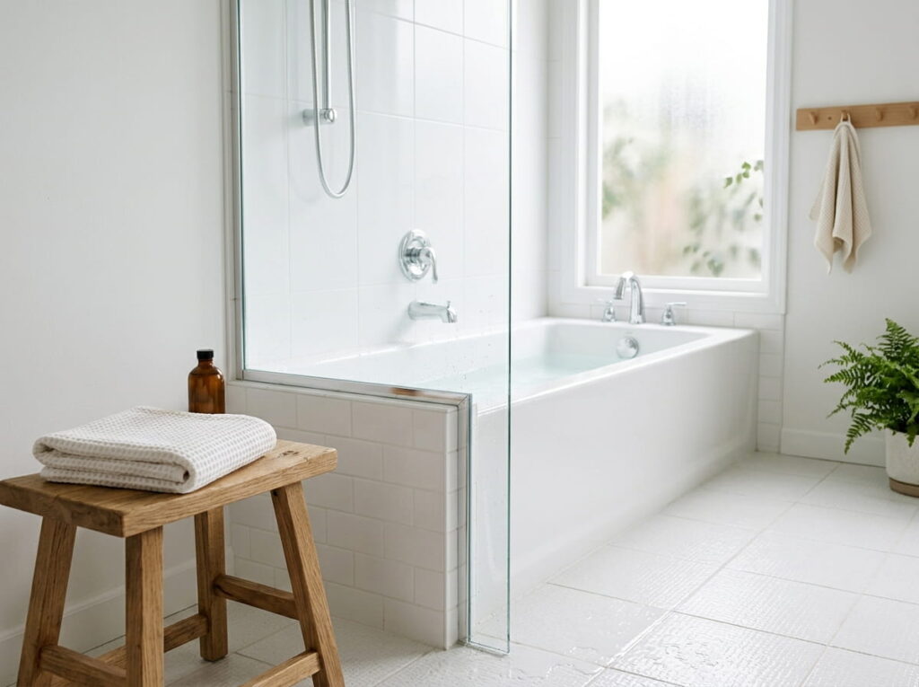 Swap a sagging curtain for one fixed clear glass panel