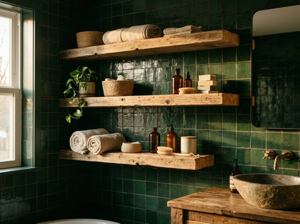 Deep Forest Green Tile With Reclaimed Wood Shelving