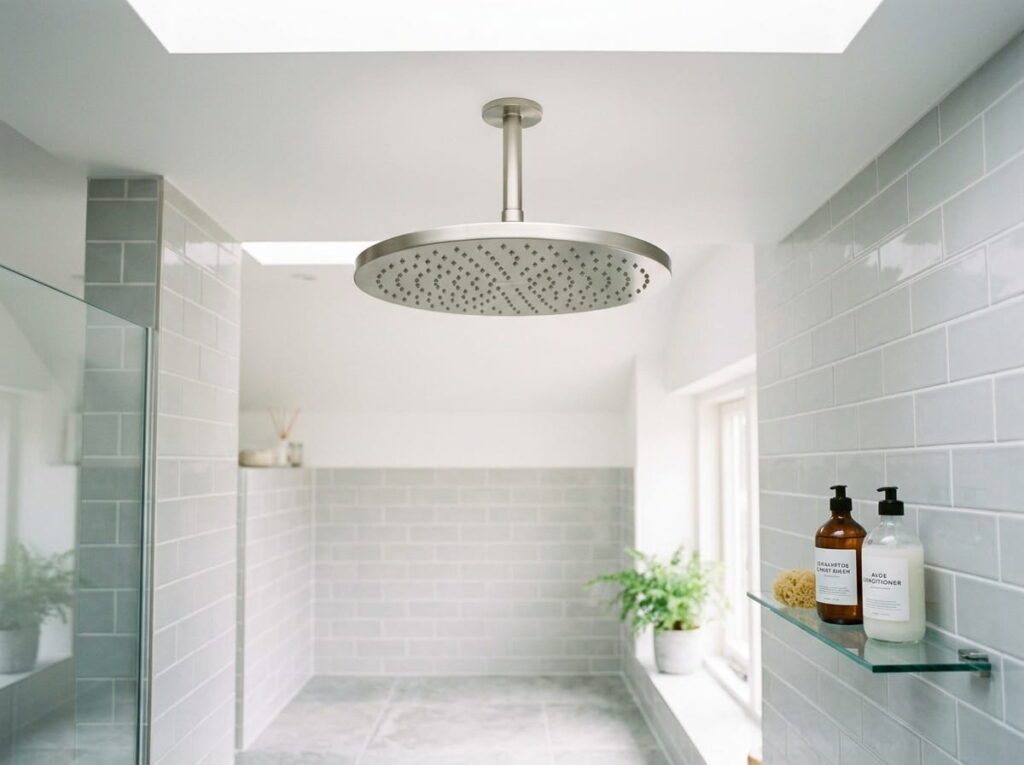 Mount a ceiling rain head so no wall fixtures clutter the tile
