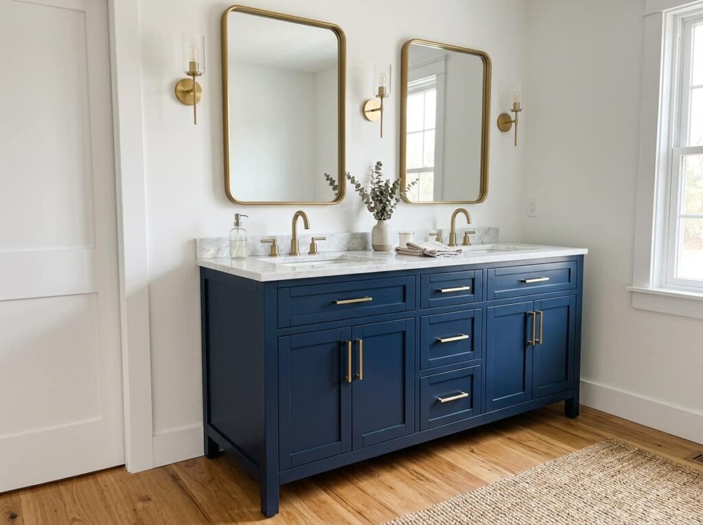 Navy Blue Vanities With Honey Oak Floors