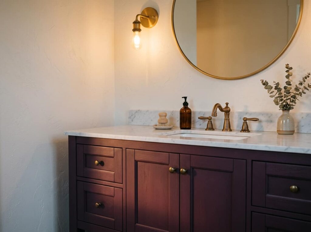Deep Plum Vanity With Warm Lighting