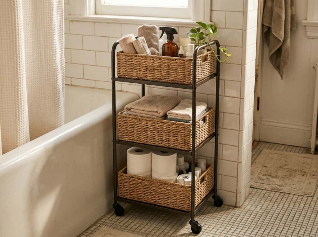 A Rolling Cart With Bins for Bathrooms That Have No Closet