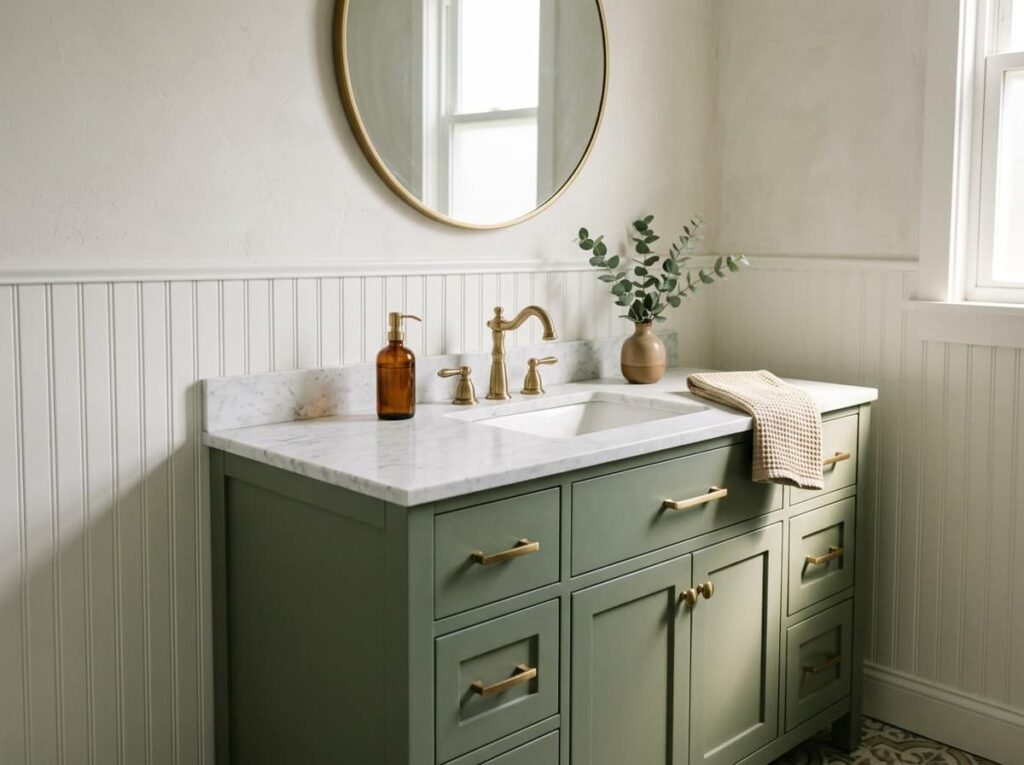 Sage Green Vanity With Brass Hardware