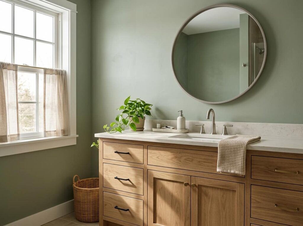 Sage Green Walls With Natural Oak Vanities