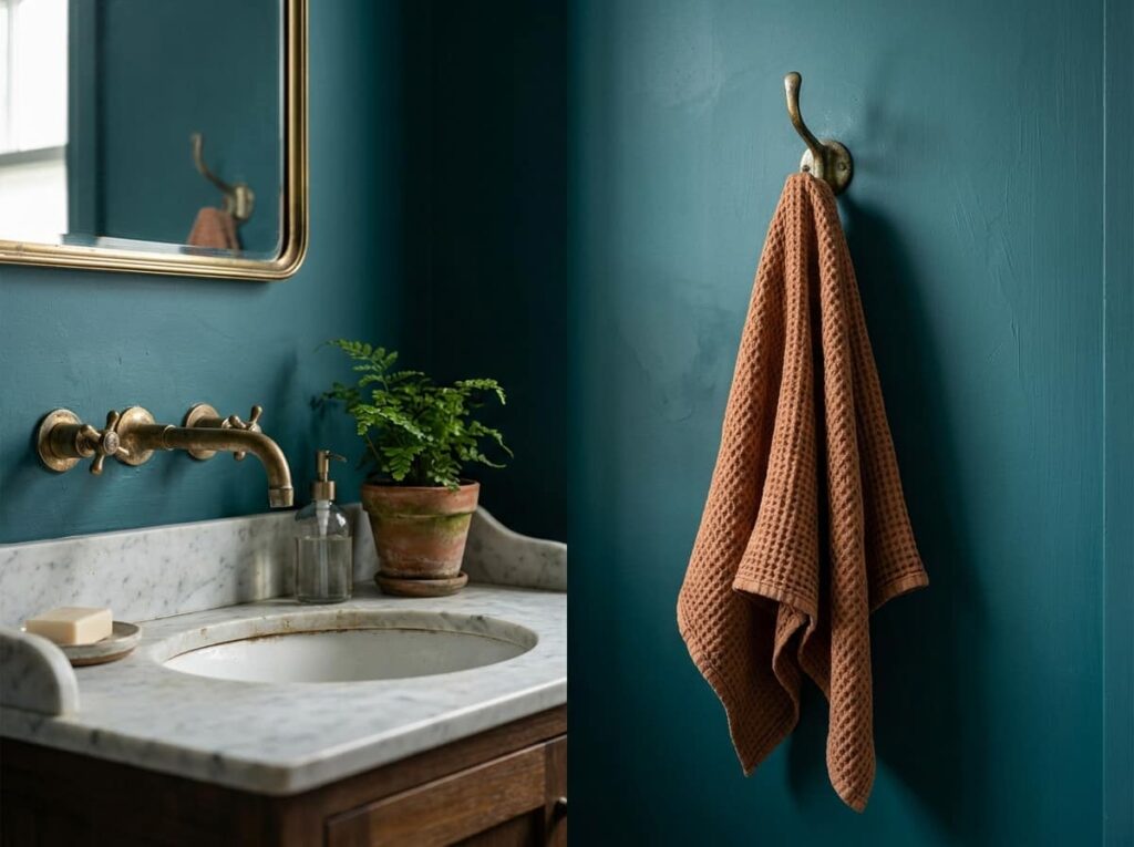 Deep Teal Walls with Unlacquered Brass